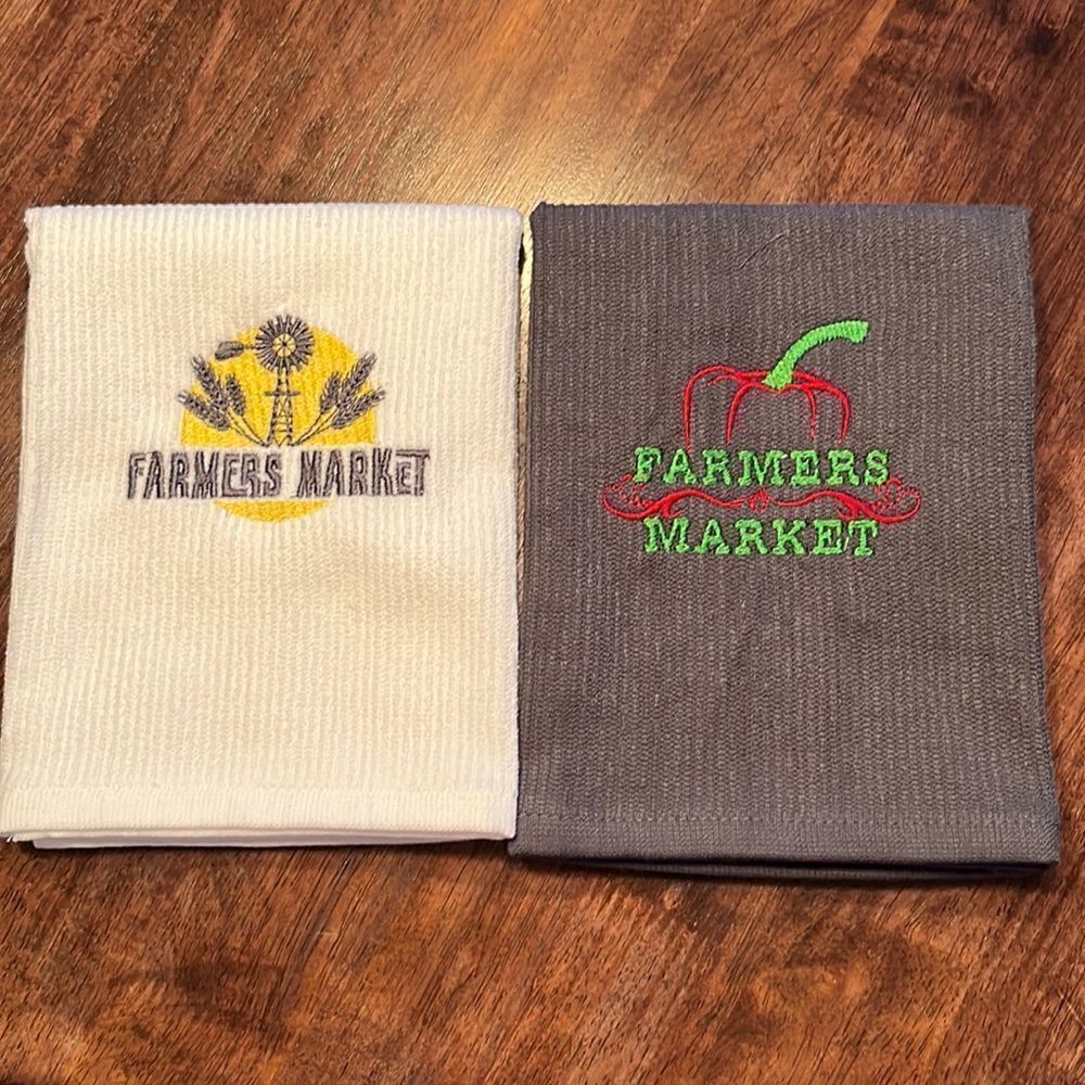Set of 2 (18” by 16”) Custom Gray and White Farmer’s Market3 Embroidered Barmops
